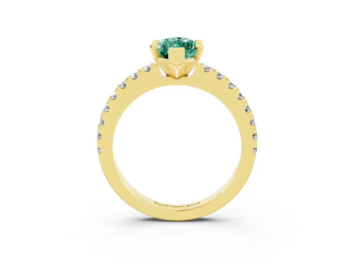 Marquise Cut Solitaire Green Sapphire with Pavé Band and Four-Prong Setting Yellow gold