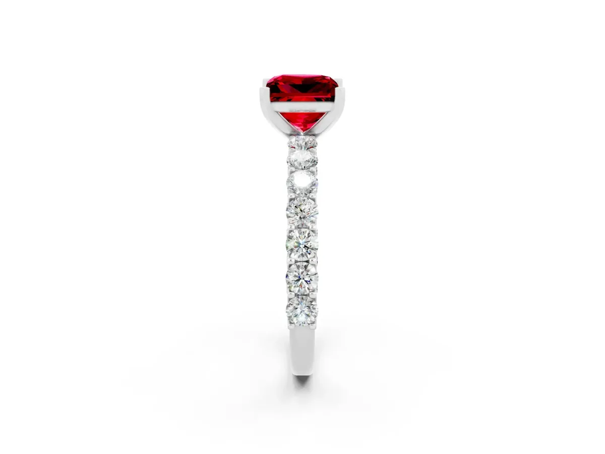 Princess Cut Ruby Solitaire Ring with Shared Prong Pavé Band and Four-Prong Setting White gold
