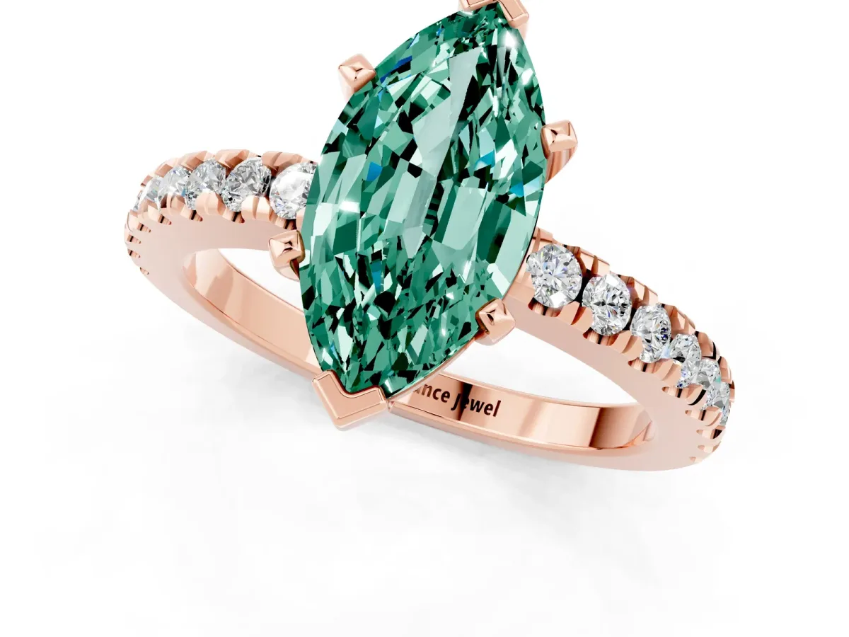 Marquise Cut Solitaire Green Sapphire with Pavé Band and Four-Prong Setting Rose gold