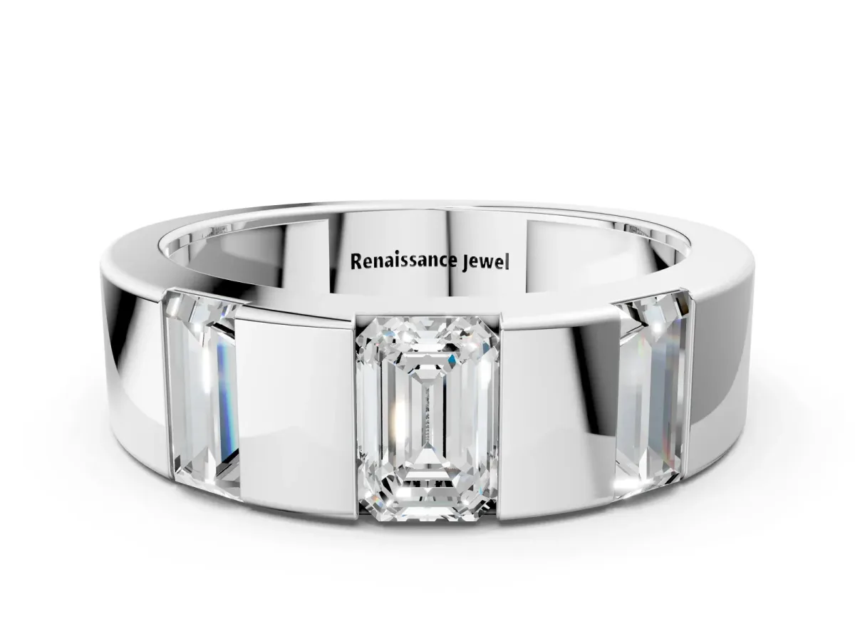 Emerald Cut Diamond Three-Stone Mens Ring with Baguette Side Stones White gold