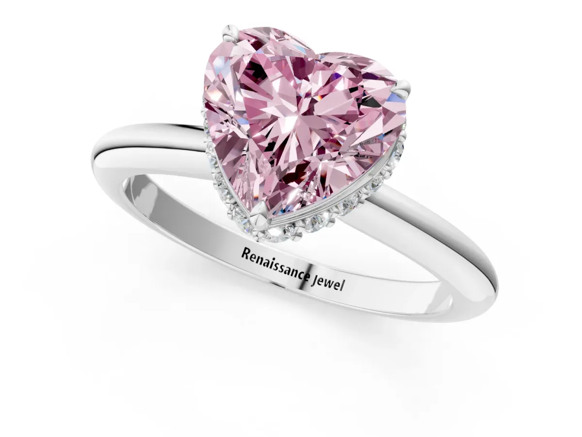 Fancy Pink Heart Cut Brilliant Solitaire Engagement Ring with Six-Prong Setting and Classic Band Platinum