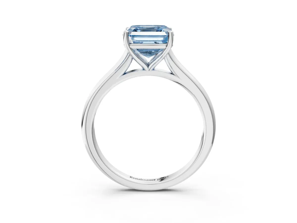 Fancy Blue Asscher Cut Cut Solitaire Ring with Cathedral Band and Four-Prong Setting Platinum