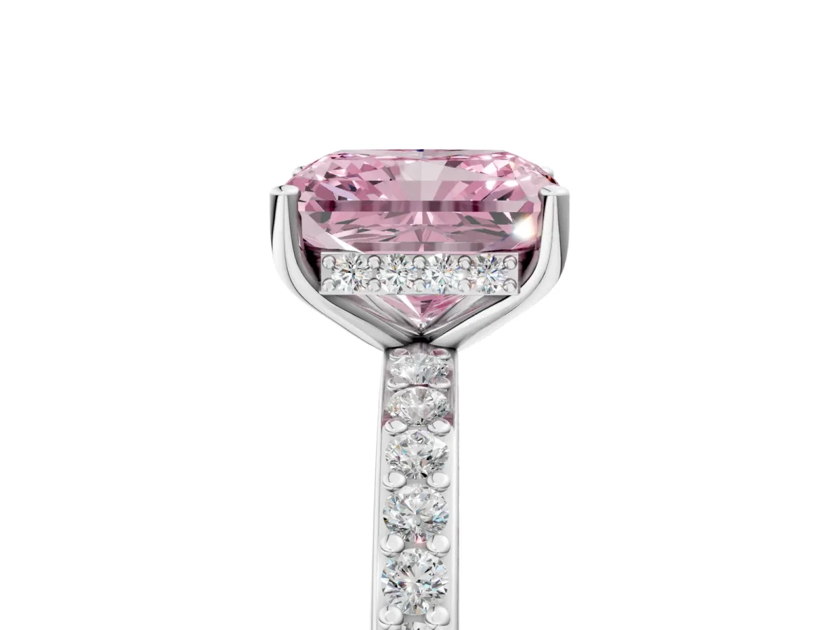 Fancy Pink Radiant Cut Cut Diamond Pavé Band Ring with Four-Prong Setting Platinum