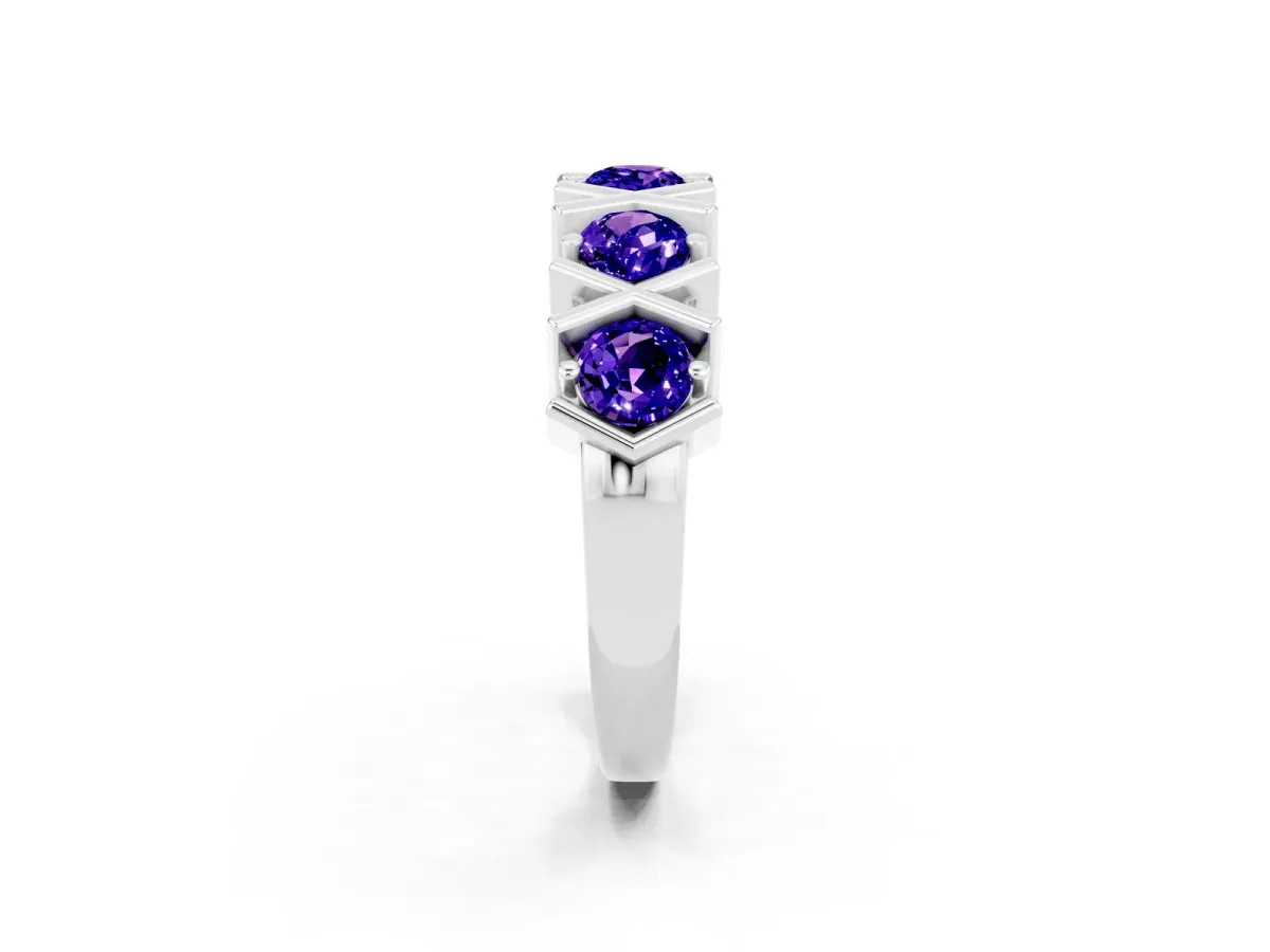 Round Tanzanite Channel Set Band with X-Prong Detail White gold