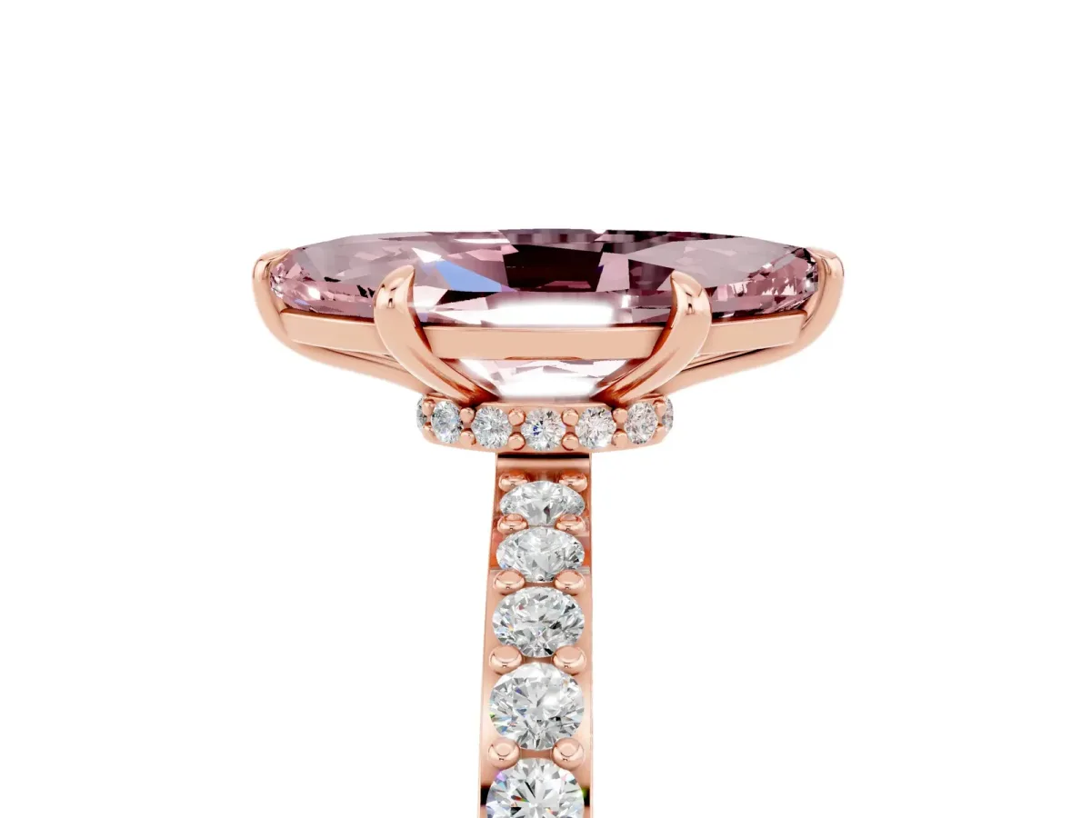 Marquise Cut Morganite Solitaire Engagement Ring with Pavé Band and Four-Prong Setting Rose gold