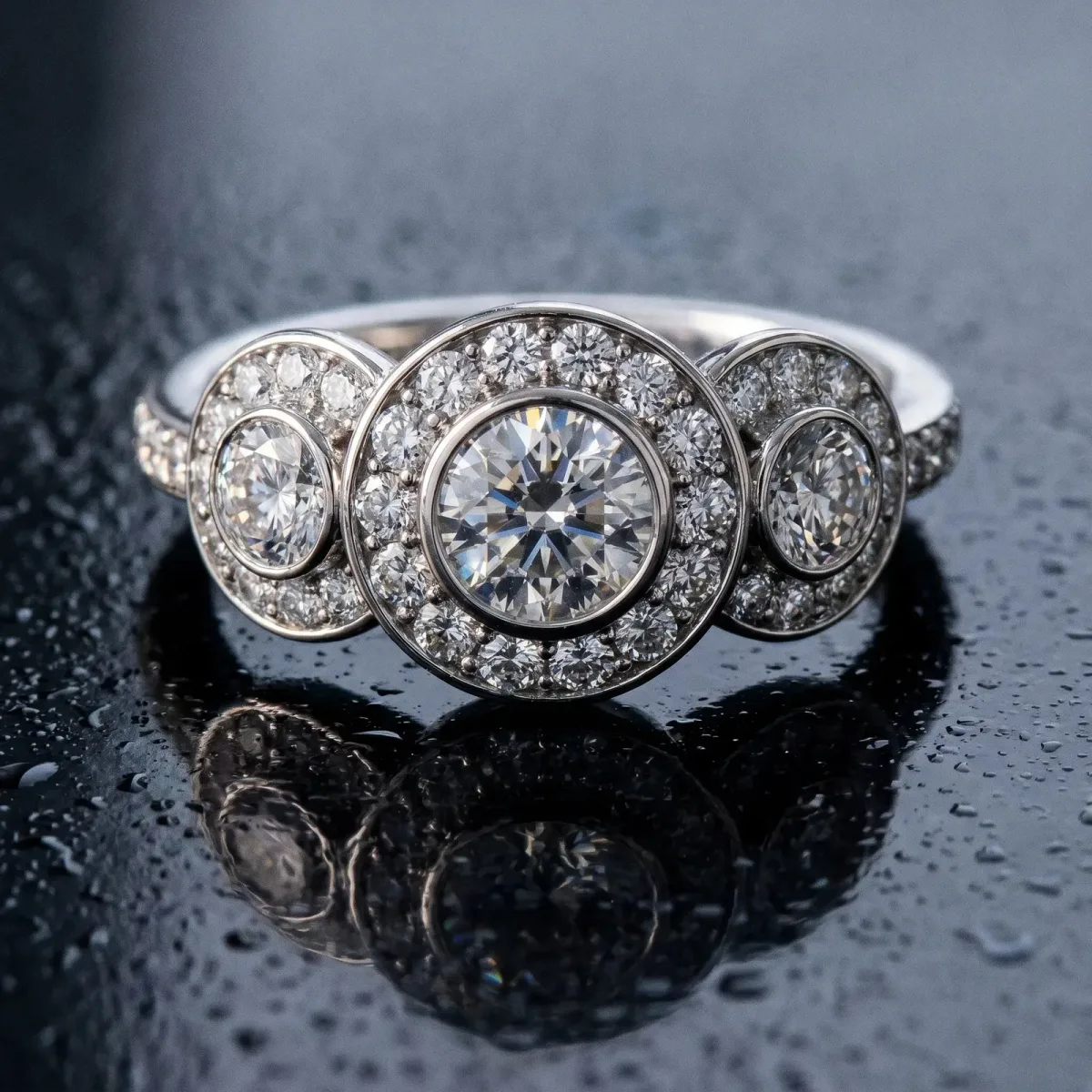 Three-Stone Asscher Cut Halo Pavé Diamond Ring Platinum