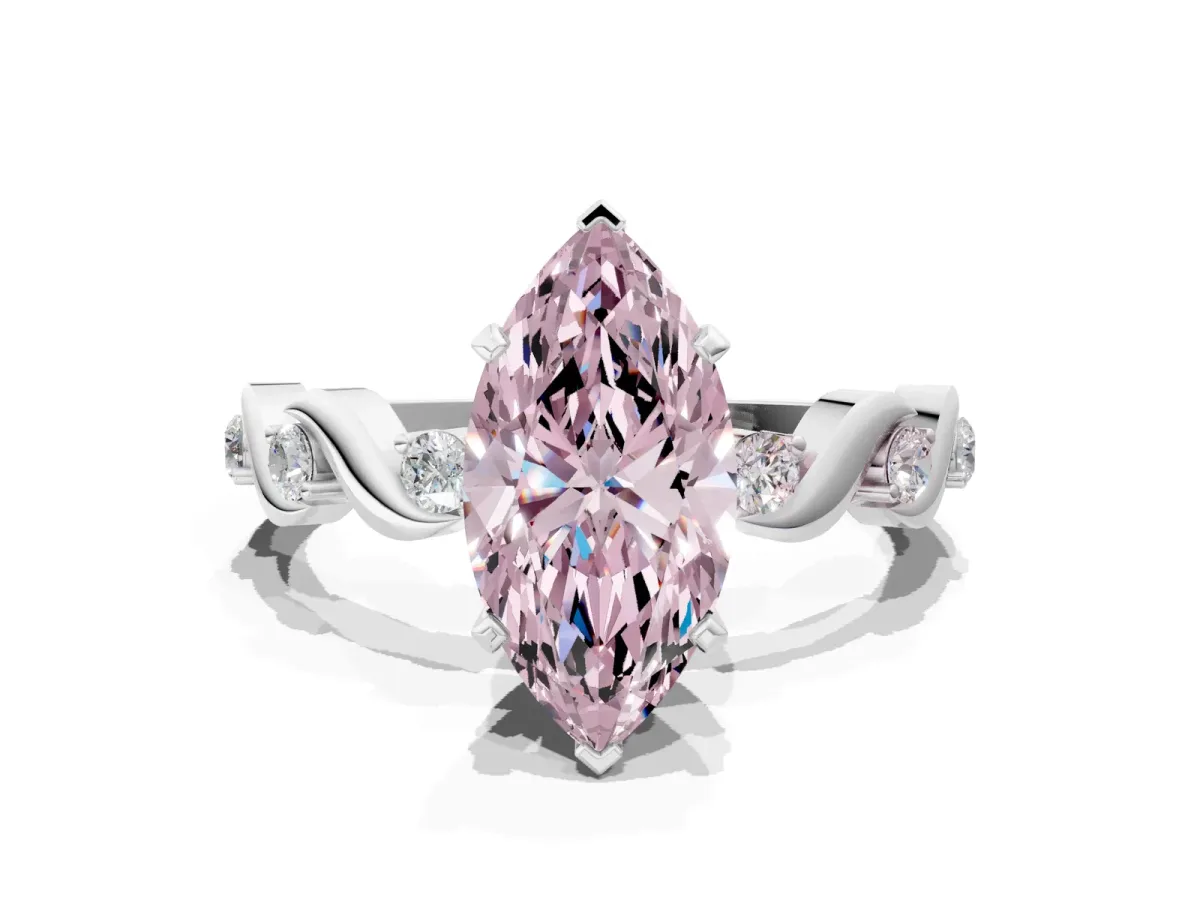 Fancy Pink Marquise Cut Diamond Solitaire Twisted Band with Round Accents and Prong Setting White gold