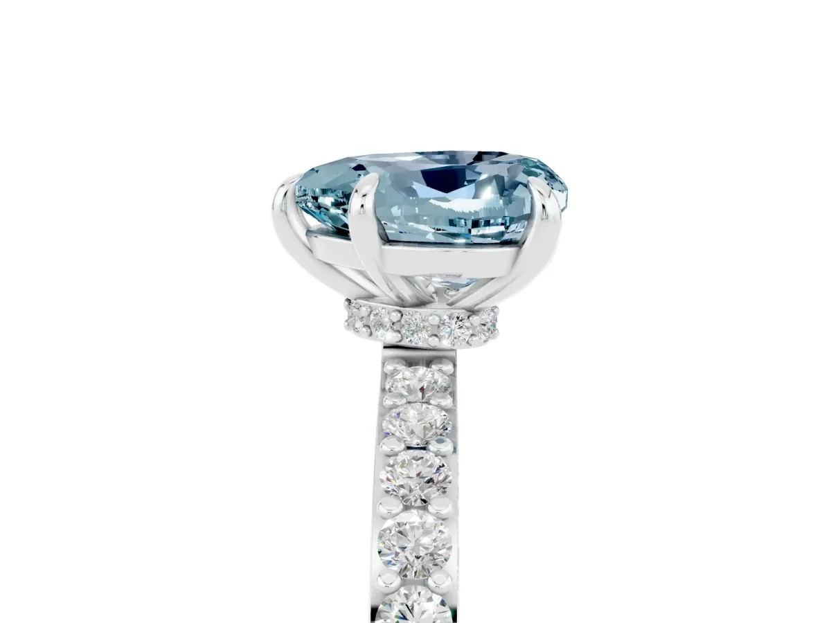Heart Cut Aquamarine Solitaire Engagement Ring with Pavé Band and Four-Prong Setting White gold