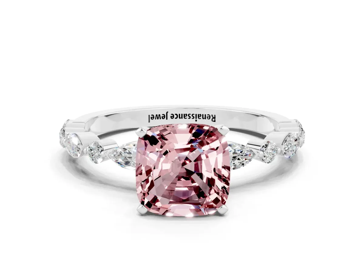 Cushion Cut Morganite Ring with Marquise and Round Side Stones and Four-Prong Setting White gold