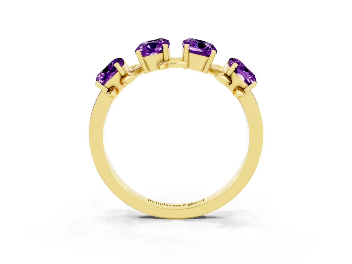 Four-Stone Elongated Cushion Amethyst Band with Nature-Inspired Prong Setting Yellow gold