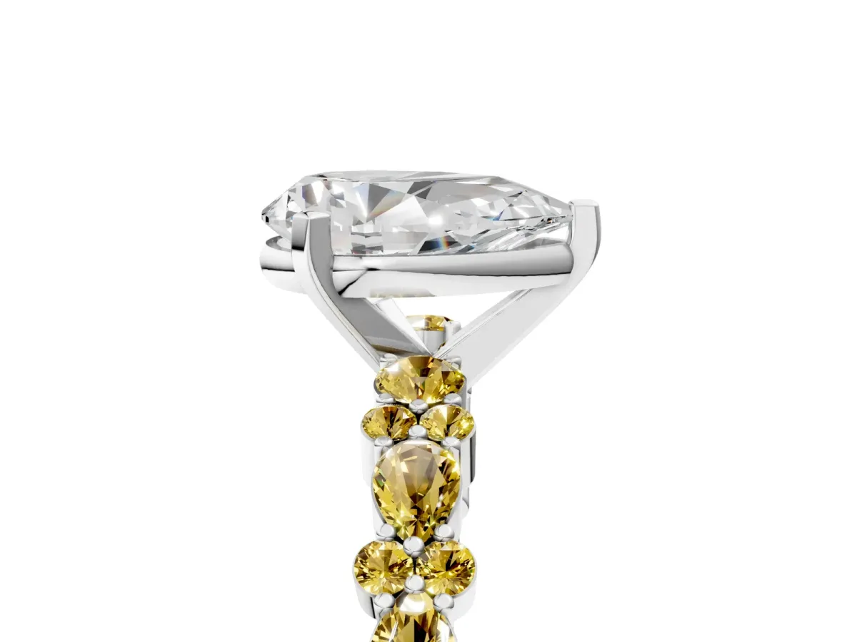 Pear Cut Diamond Side Stone Solitaire Ring with Round Yellow Sapphire and Four-Prong Setting White gold