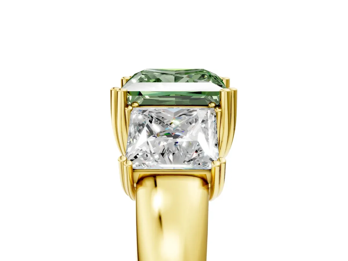 Fancy Green Three-Stone Princess Cut Cut Diamond Ring with Channel Set Band and Four-Prong Setting Yellow gold