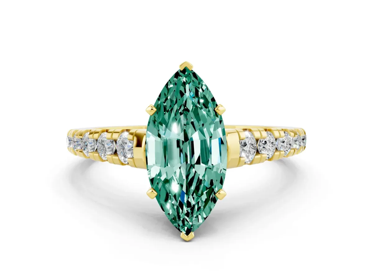 Marquise Cut Green Sapphire Cathedral Solitaire Ring with Round Pavé Band Yellow gold