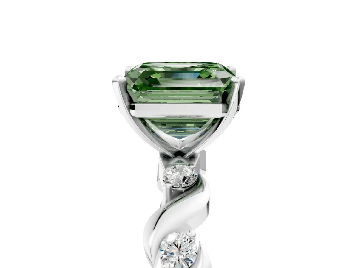 Fancy Green Asscher Cut Diamond Solitaire Twisted Band with Round Accents and Prong Setting White gold
