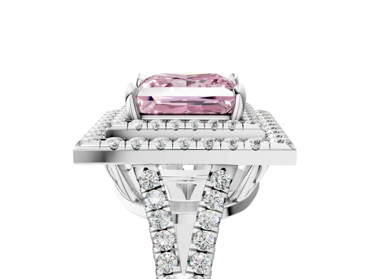 Fancy Pink Princess Cut Diamond Double Halo Ring with Pavé Band and Prong Setting White gold