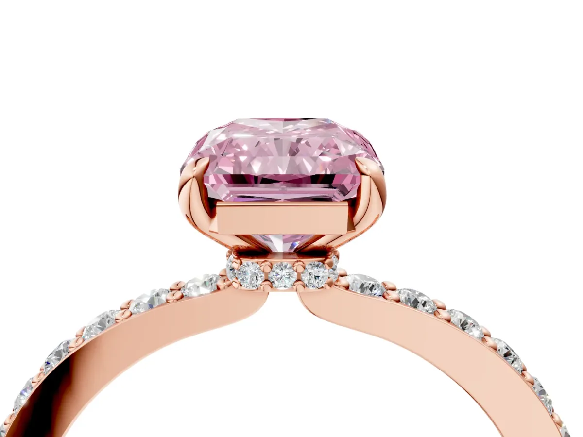Fancy Pink Radiant Cut Diamond Solitaire Engagement Ring with Pavé Band and Four-Prong Setting Rose gold