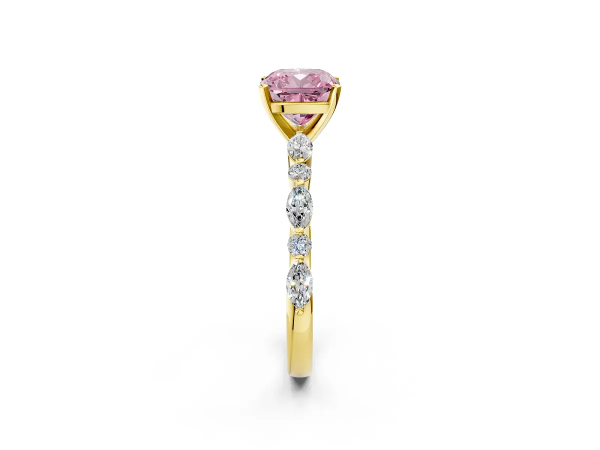Fancy Pink Cushion Cut Diamond Ring with Marquise and Round Side Stones and Four-Prong Setting Yellow gold
