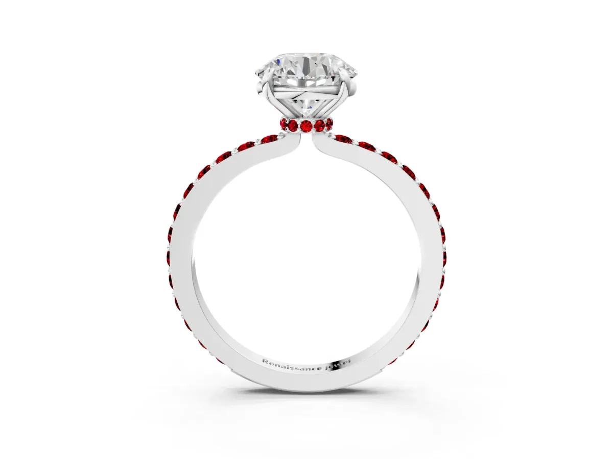 Round Cut Diamond Pavé Engagement Ring with Round Ruby Accents and Prong Setting Silver