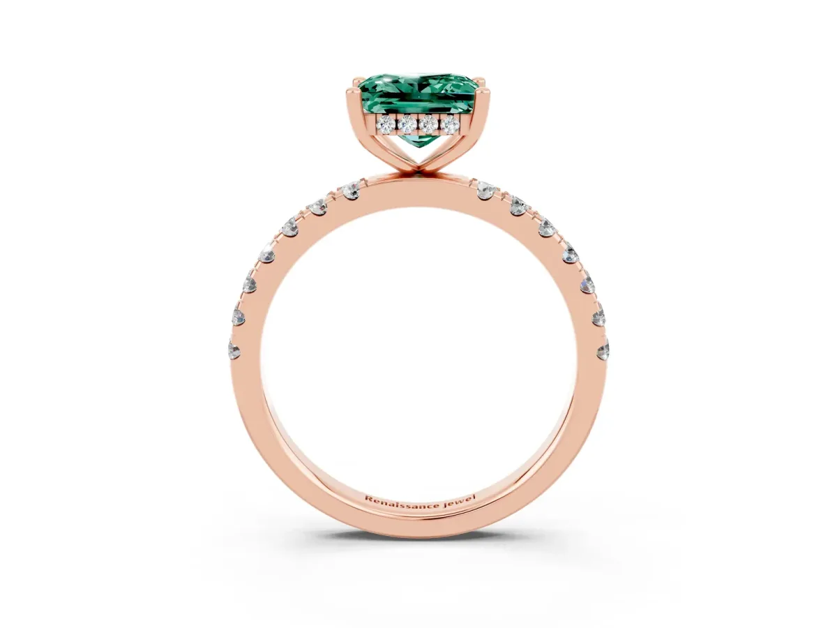 Princess Cut Green Sapphire Pave Band Solitaire Ring with Round and Prong Setting Rose gold