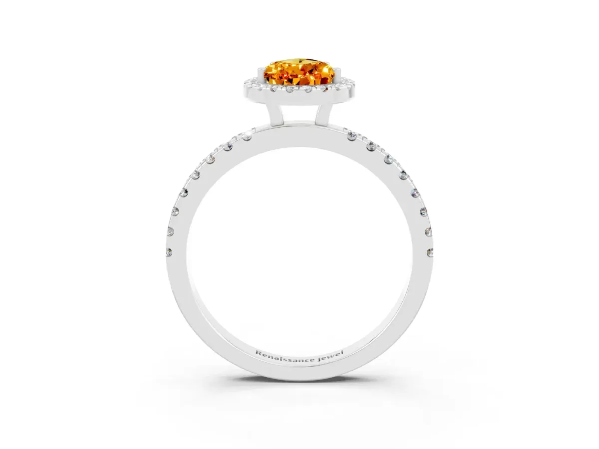 Pear Cut Citrine Classic Halo Engagement Ring with Round Pavé Band and Prong Setting White gold