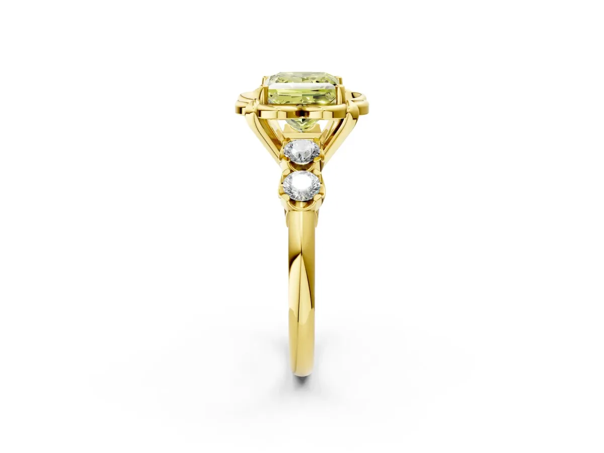 Fancy Yellow Princess Cut Cut Diamond Floral Halo Engagement Ring with Shared Prong Setting Yellow gold