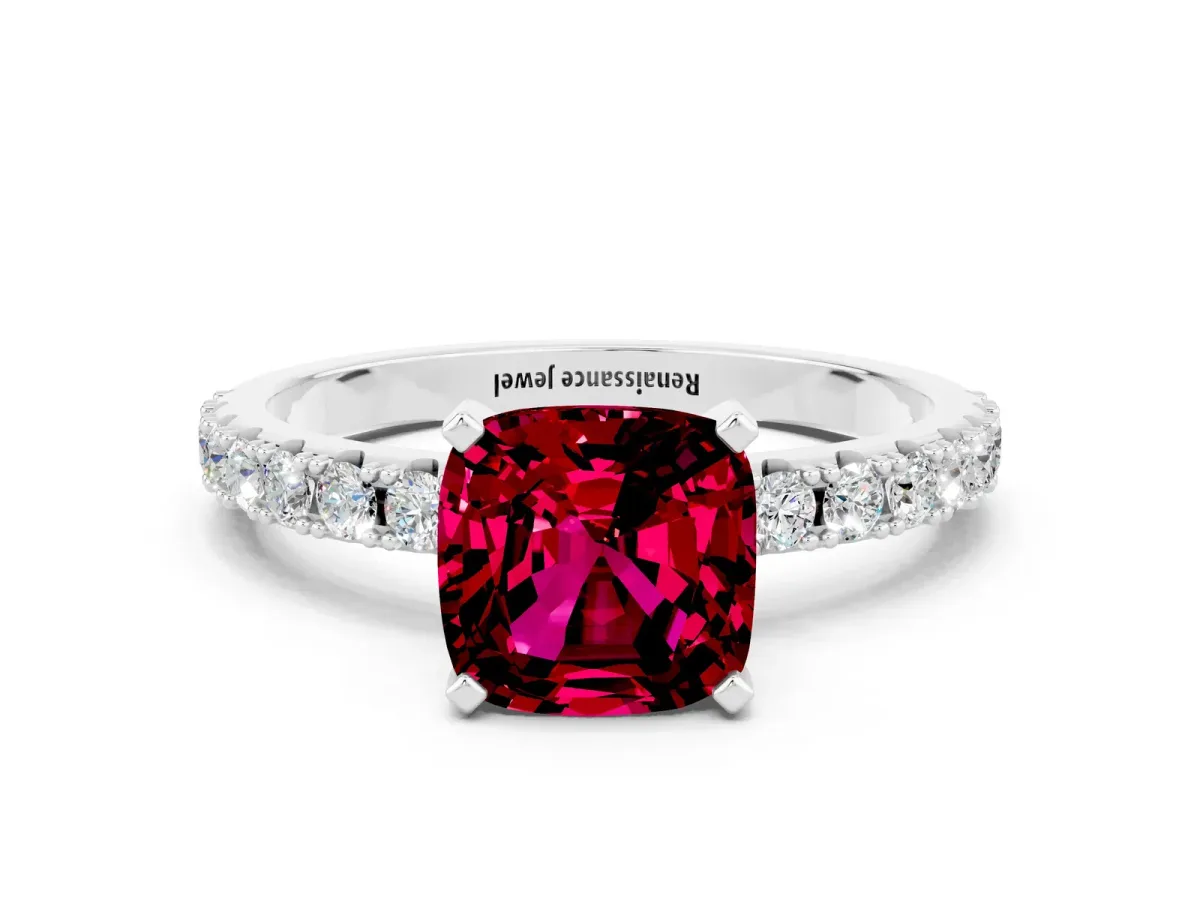 Cushion Cut Garnet Solitaire Pavé Band with Four-Prong Setting Silver