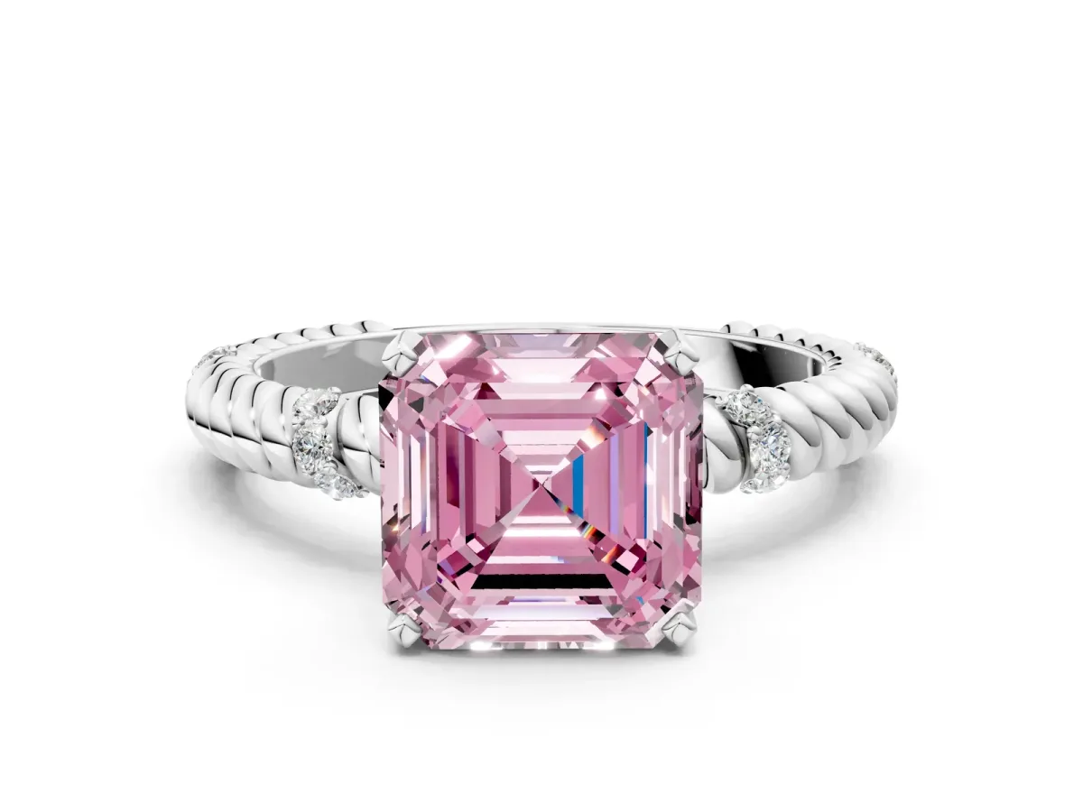 Fancy Pink Asscher Cut Solitaire Twisted Band Prong Set Engagement Ring Platinum