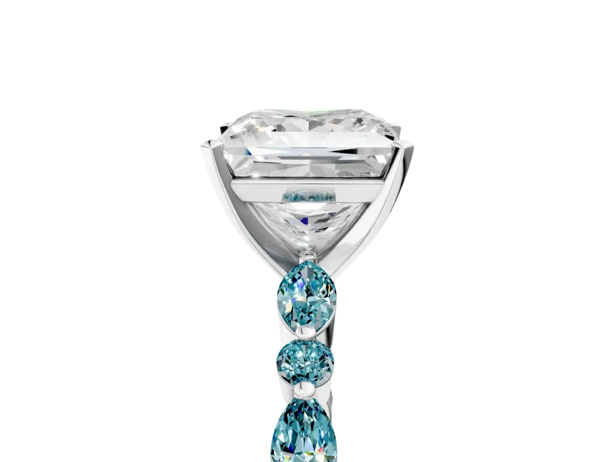 Princess Cut Diamond Ring with Marquise and Round Blue Topaz Side Stones and Four-Prong Setting Platinum