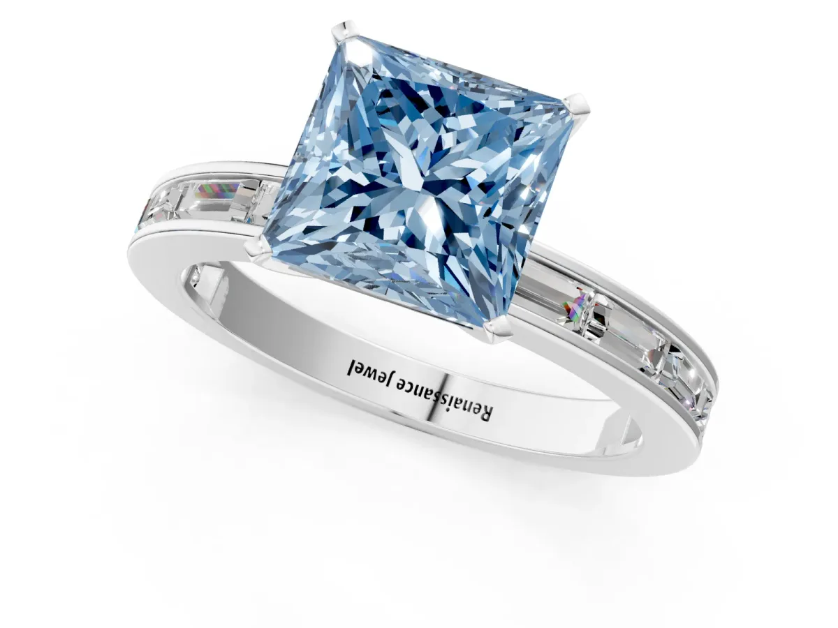 Fancy Blue Princess Cut Solitaire Diamond Ring with Channel-Set Baguette Band and Four-Prong Setting White gold