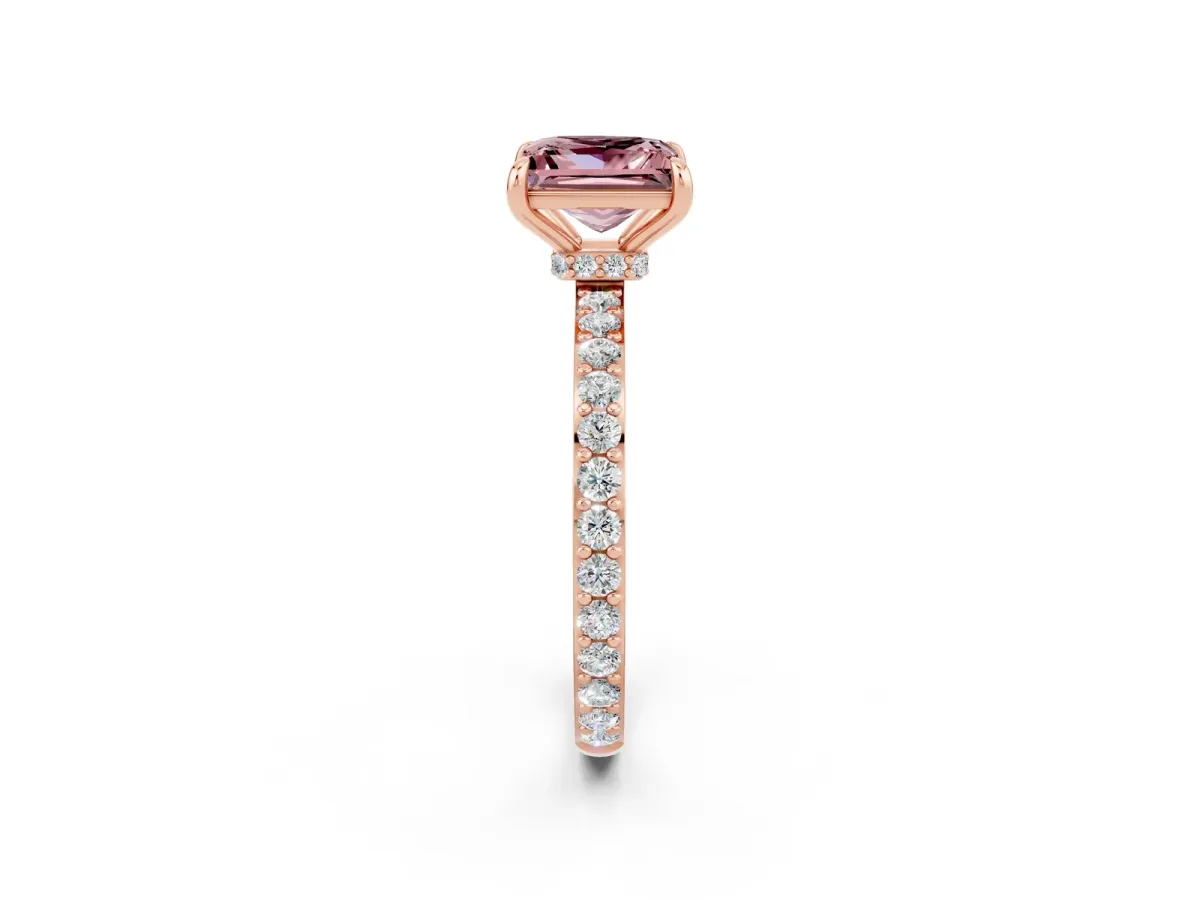 Princess Cut Morganite Solitaire Engagement Ring with Pavé Band and Four-Prong Setting Rose gold
