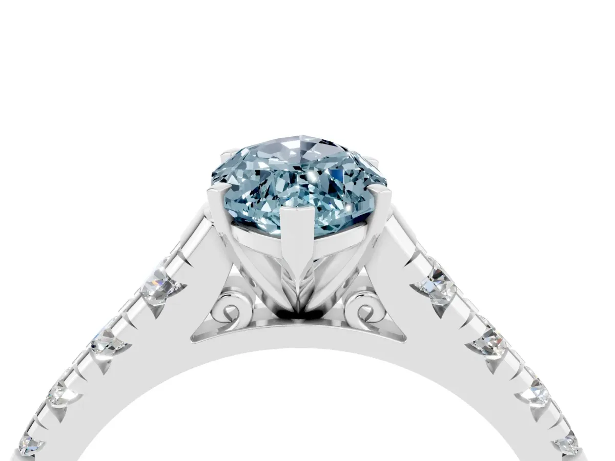 Marquise Cut Aquamarine Cathedral Solitaire Ring with Round Pavé Band White gold