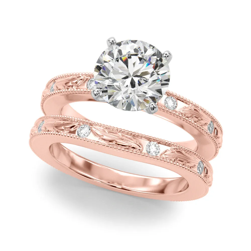 Round Cut Solitaire Milgrain Engagement Ring with Filigree Band and Four-Prong Setting Rose gold