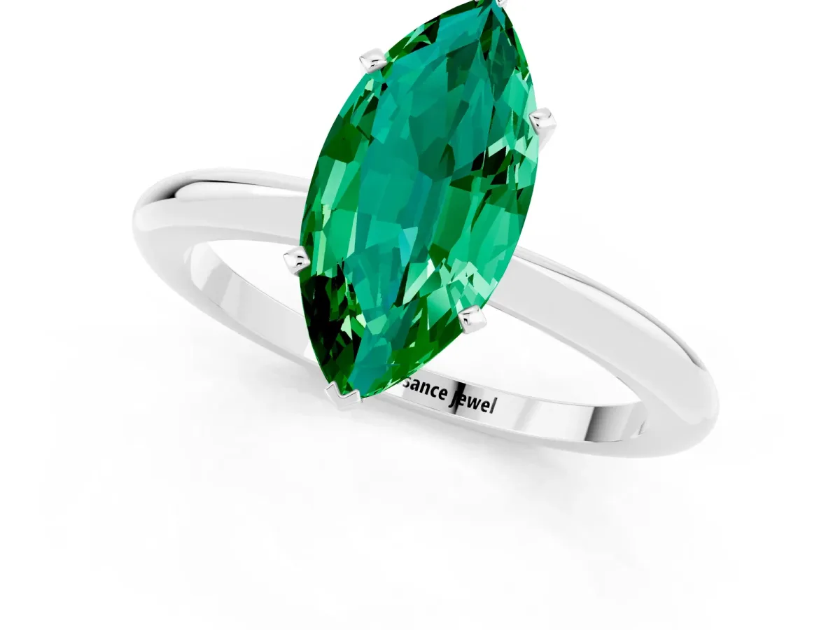 Marquise Cut Emerald Solitaire Ring with Six-Prong Setting and Classic Band White gold