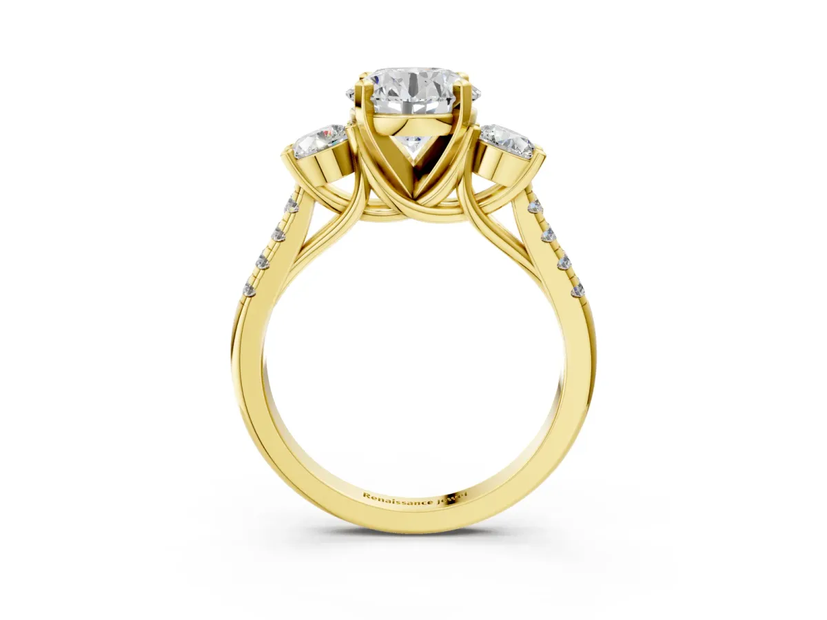 Three-Stone Round Cut Diamond Pavé Band with Four-Prong Setting Yellow gold
