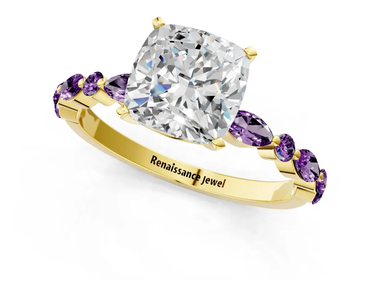 Cushion Cut Diamond Ring with Marquise and Round Amethyst Side Stones and Four-Prong Setting Yellow gold