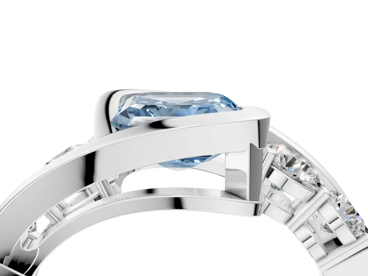 Fancy Blue Bezel Set Asscher Cut Diamond Bypass Ring with Round Accents White gold