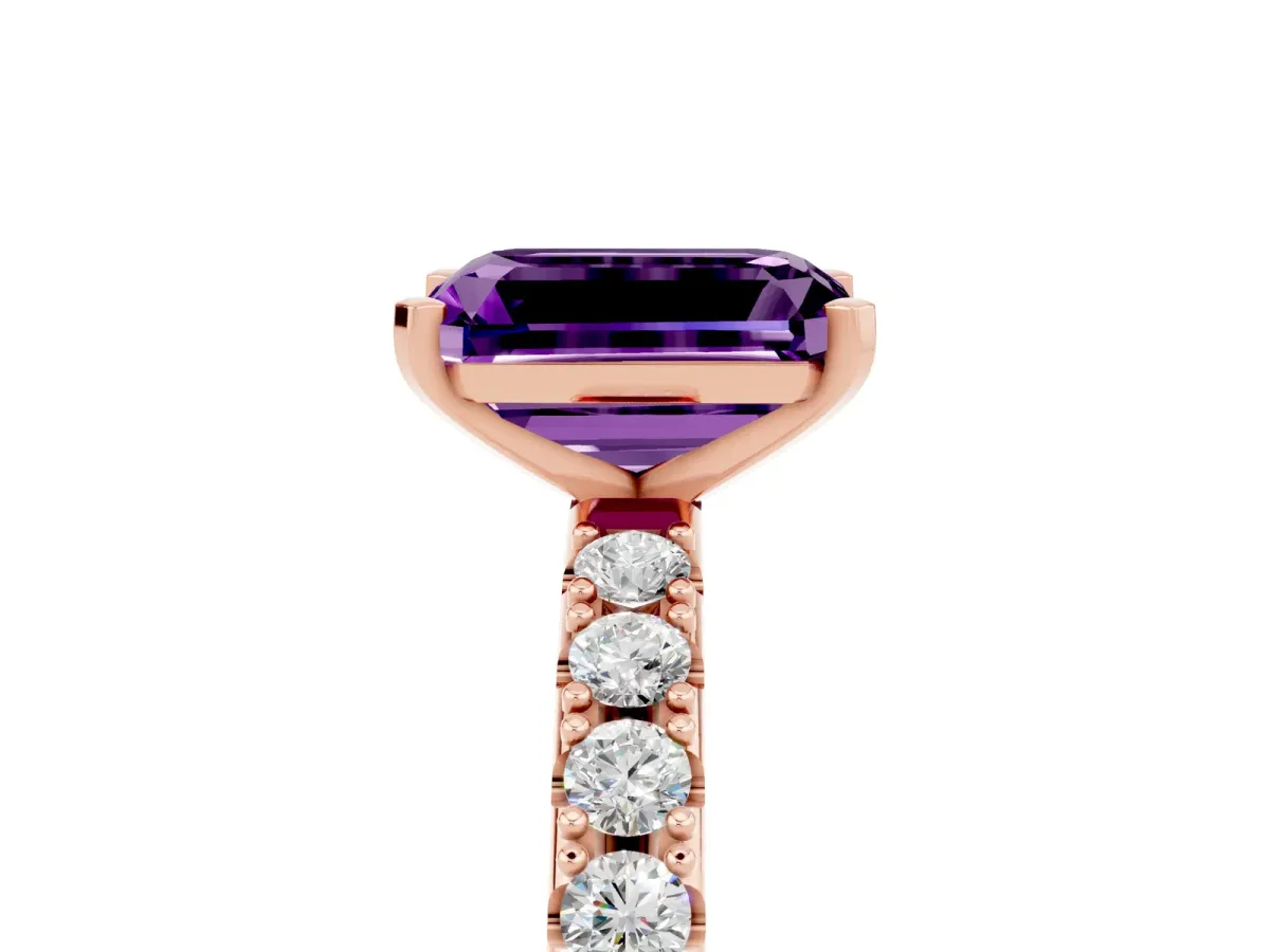 Emerald Cut Amethyst Solitaire Pavé Band with Four-Prong Setting Rose gold