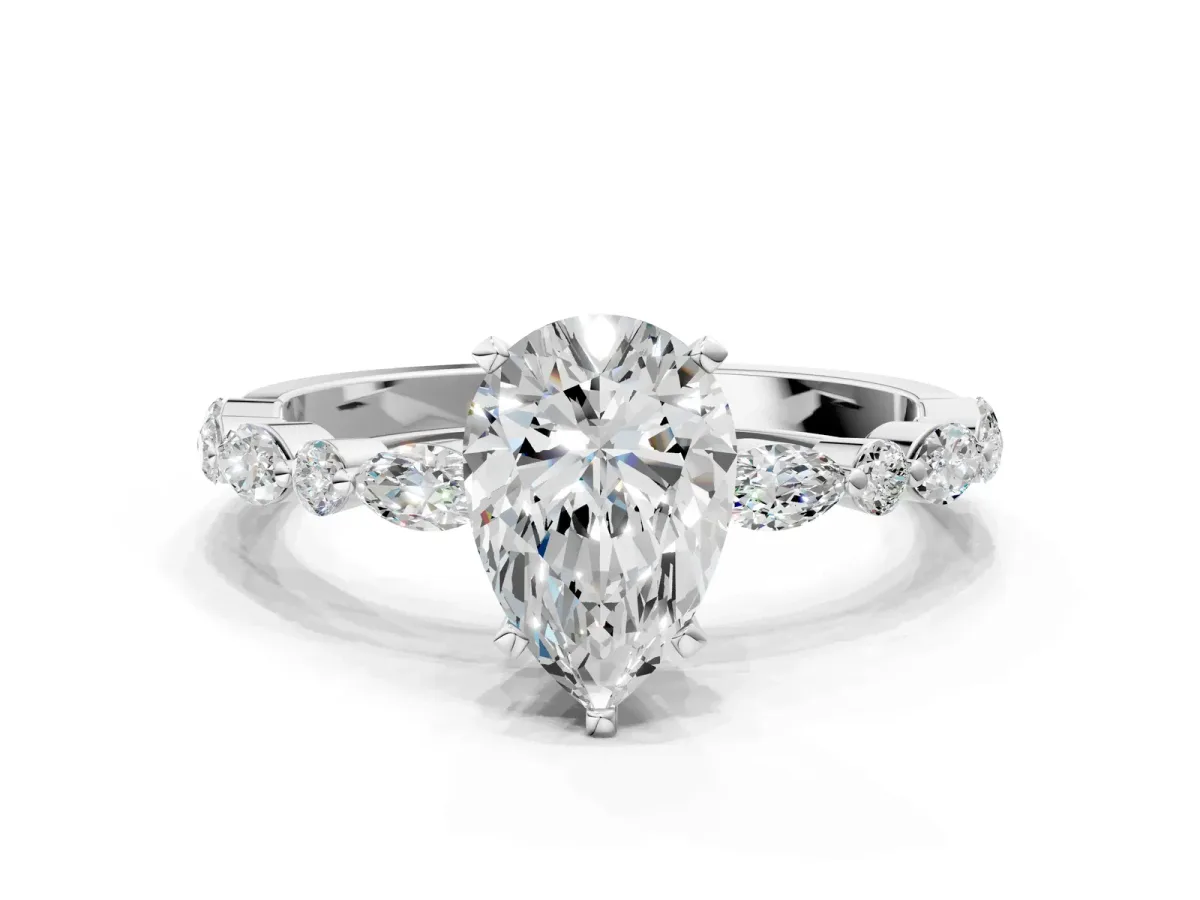 Pear Cut Diamond Ring with Marquise and Round Moissanite Side Stones and Four-Prong Setting White gold