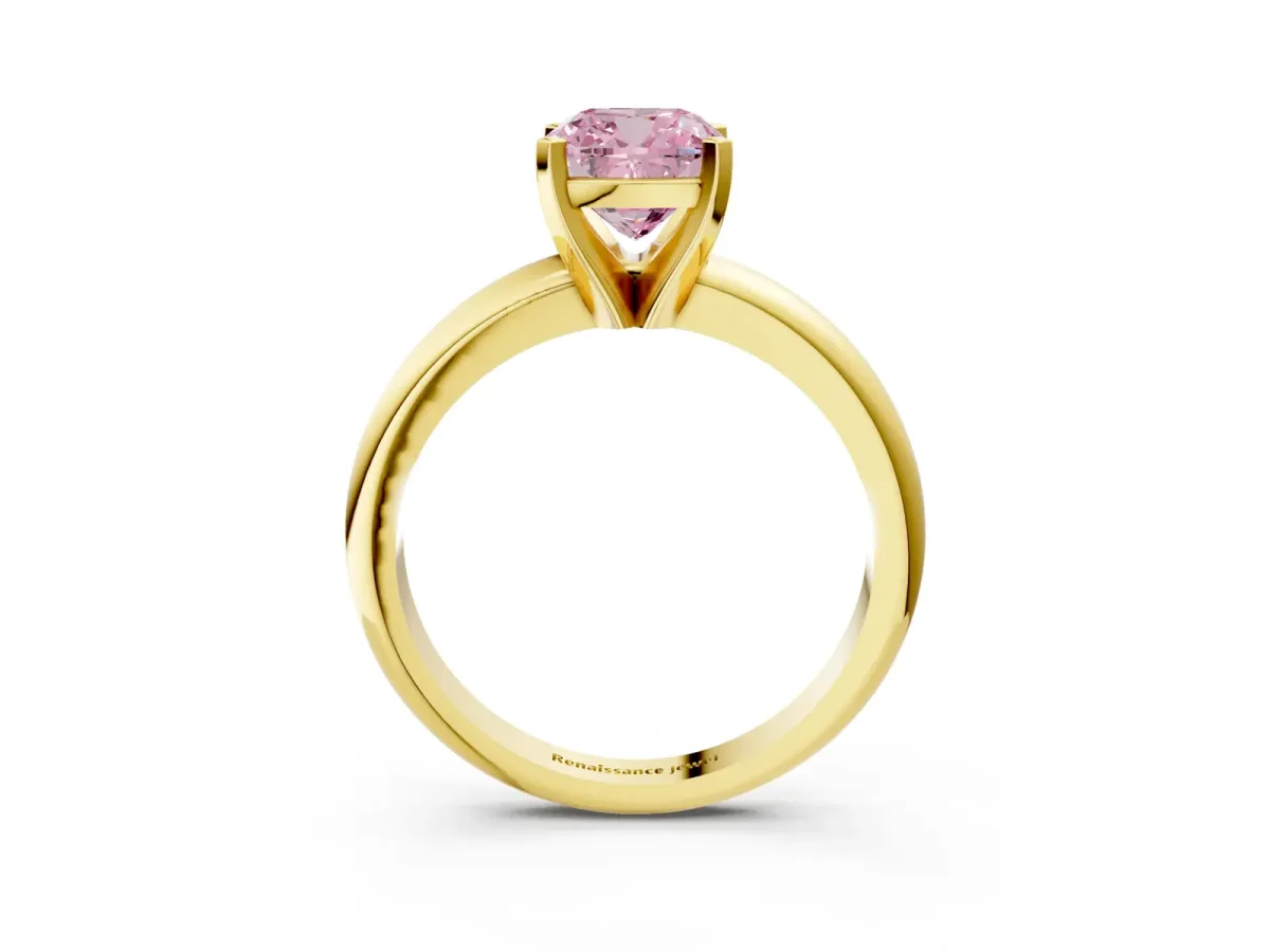 Fancy Pink Cushion Cut Diamond Solitaire Engagement Ring with Round Band and Four-Prong Setting Yellow gold