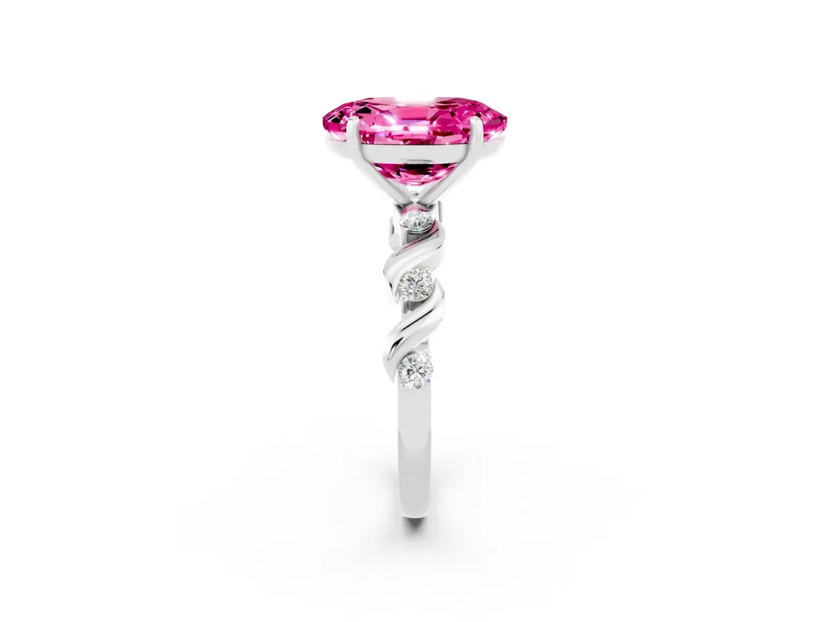 Oval Cut Pink Sapphire Solitaire Twisted Band with Round Accents and Prong Setting White gold