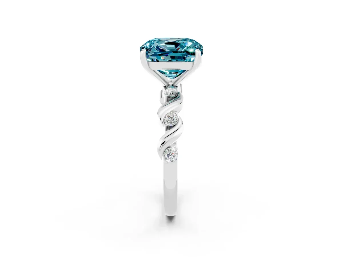 Cushion Cut Blue Topaz Solitaire Twisted Band with Round Accents and Prong Setting White gold