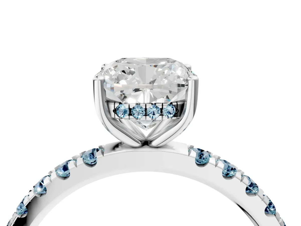 Cushion Cut Diamond Pave Band Solitaire Ring with Round Aquamarine and Prong Setting White gold