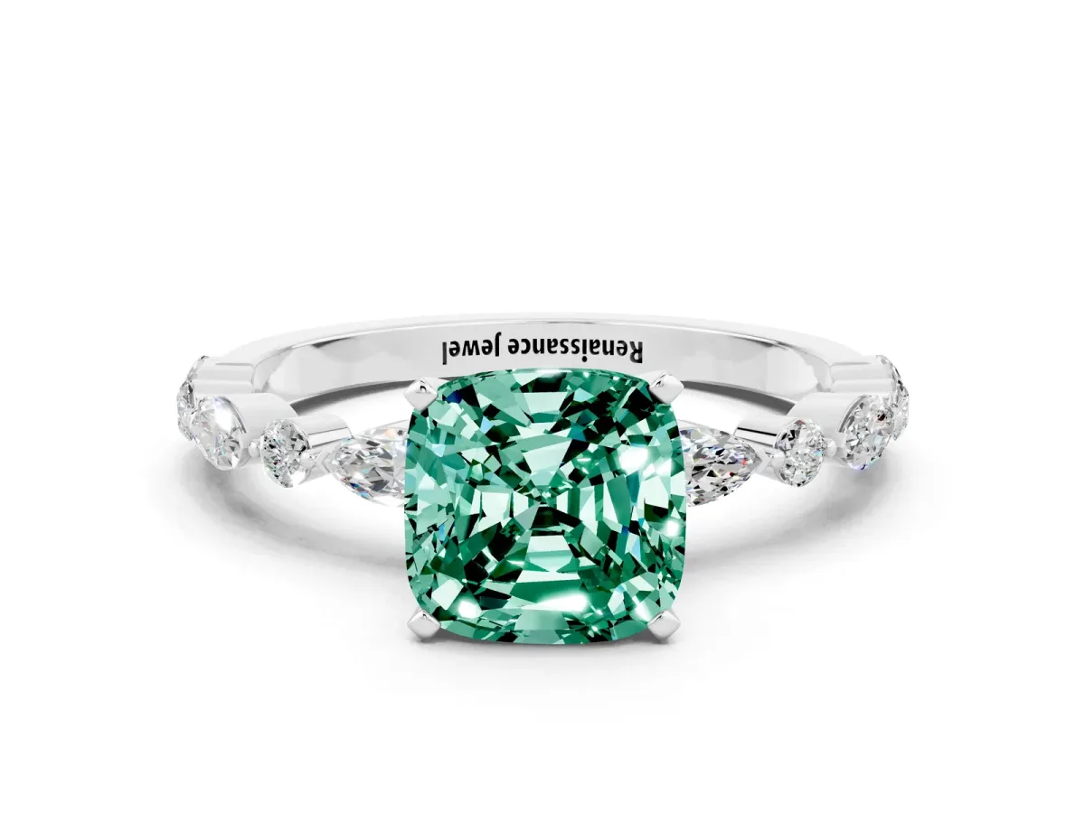 Cushion Cut Green Sapphire Ring with Marquise and Round Side Stones and Four-Prong Setting Platinum