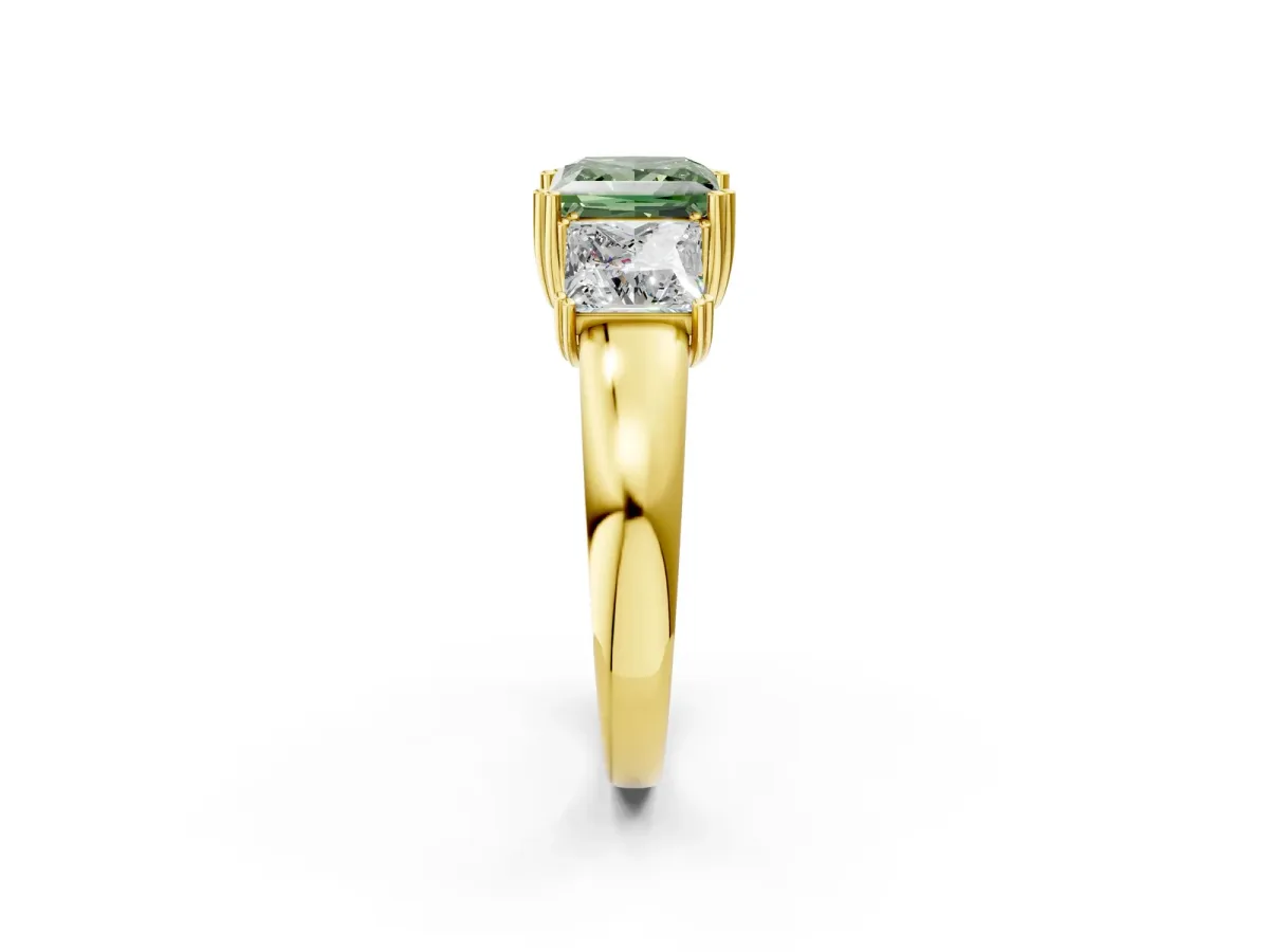 Fancy Green Three-Stone Princess Cut Cut Diamond Ring with Channel Set Band and Four-Prong Setting Yellow gold