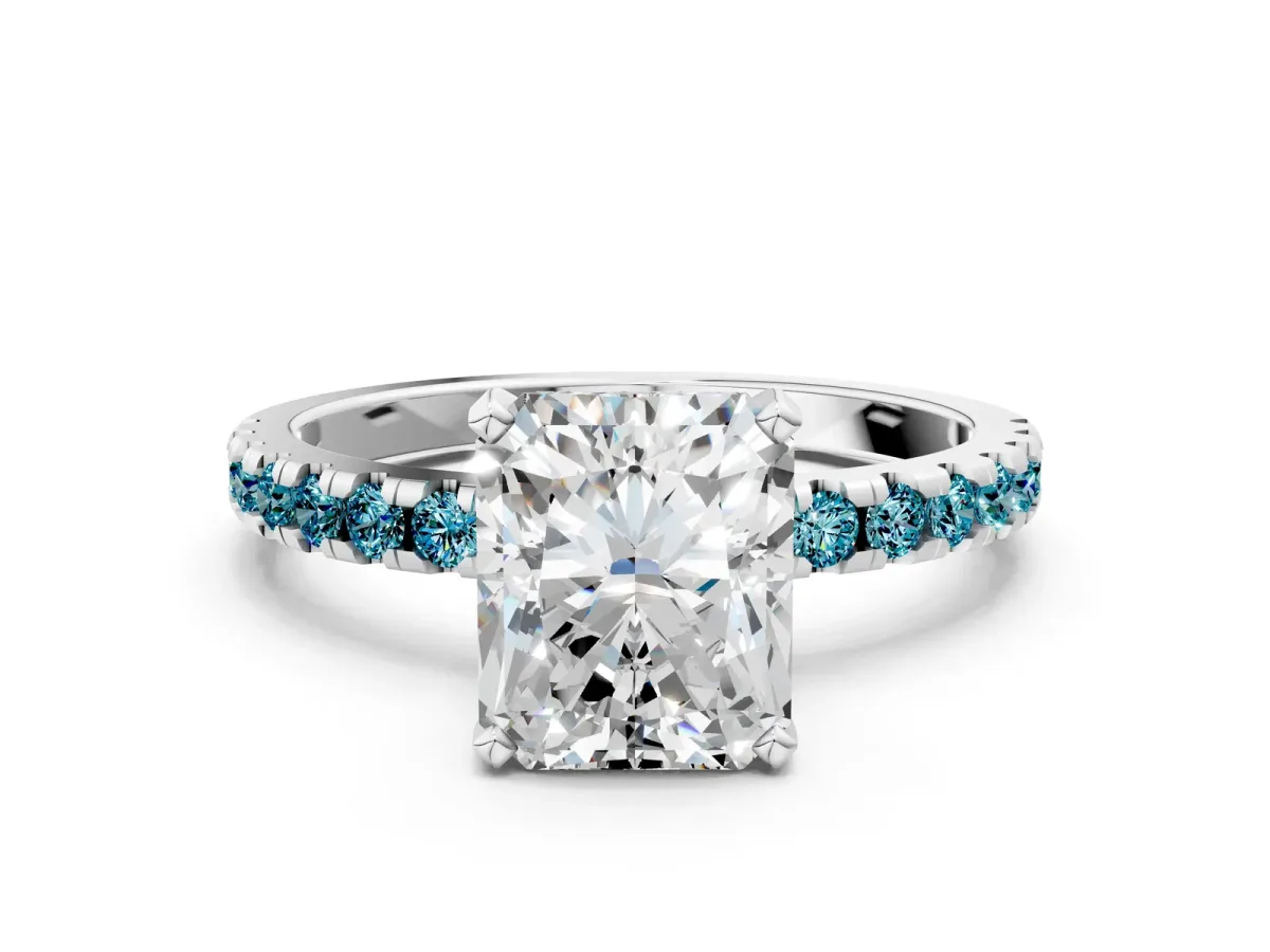 Radiant Cut Diamond Solitaire Ring with Round Blue Topaz Pavé Band and Four-Prong Setting White gold