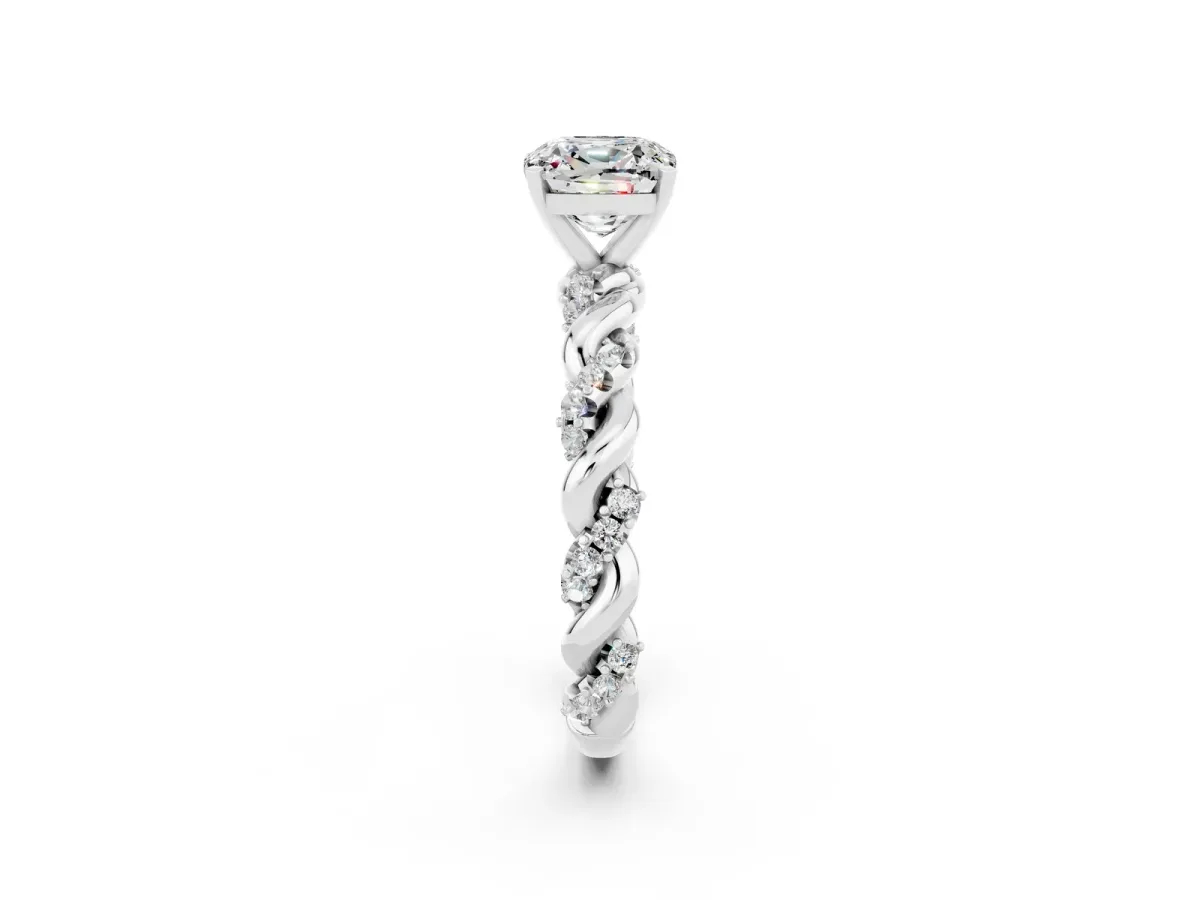Cushion Cut Moissanite Solitaire Ring with Twisted Band and Pavé Accents White gold
