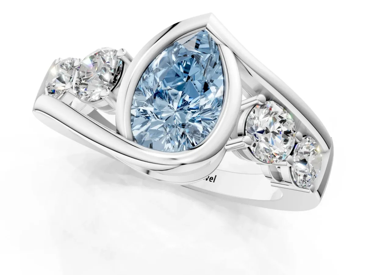 Fancy Blue Bezel Set Pear Cut Diamond Bypass Ring with Round Accents Platinum