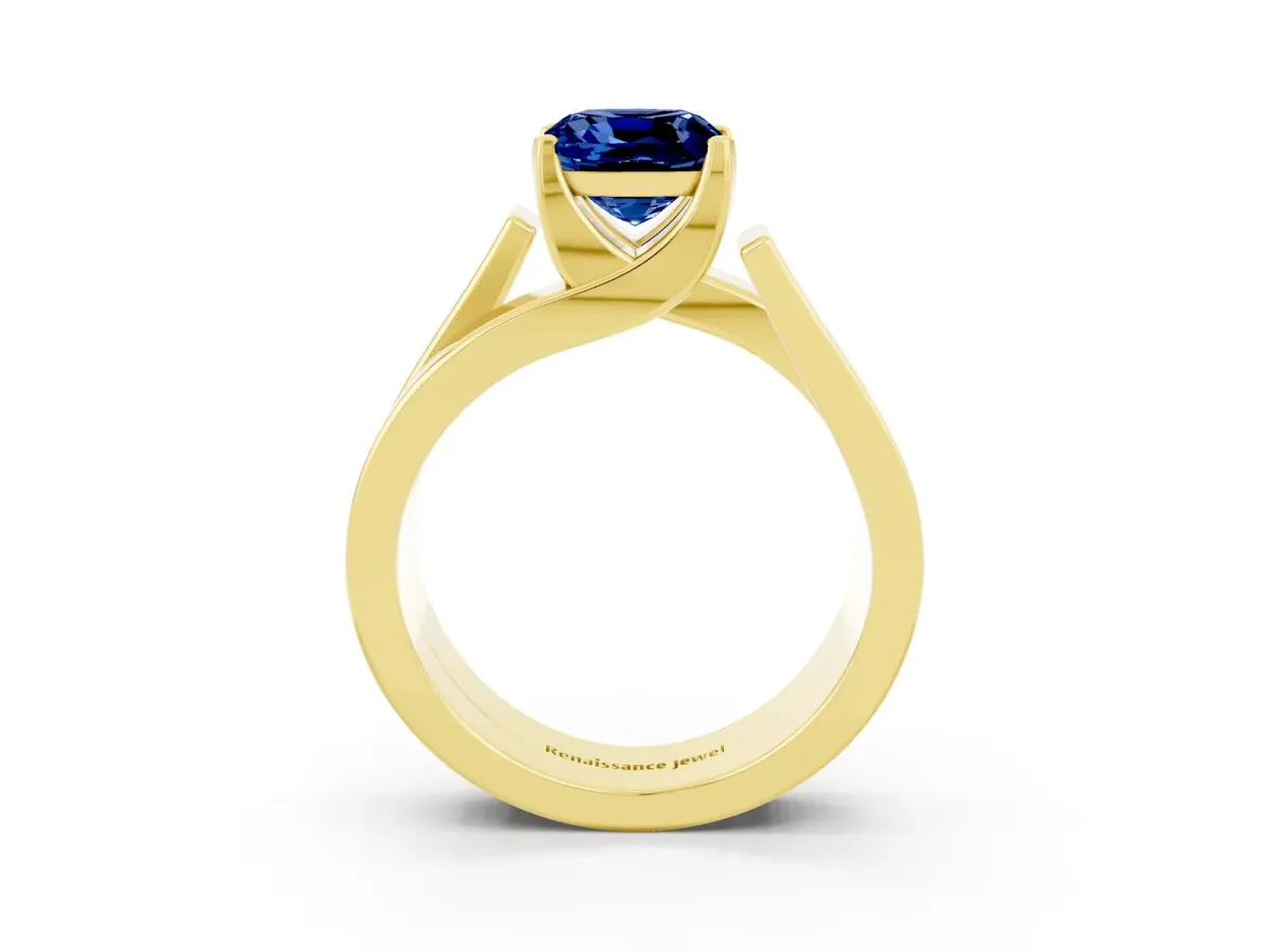 Modern Tension Set Cushion Cut Blue Sapphire Solitaire Wide Band Ring Yellow gold