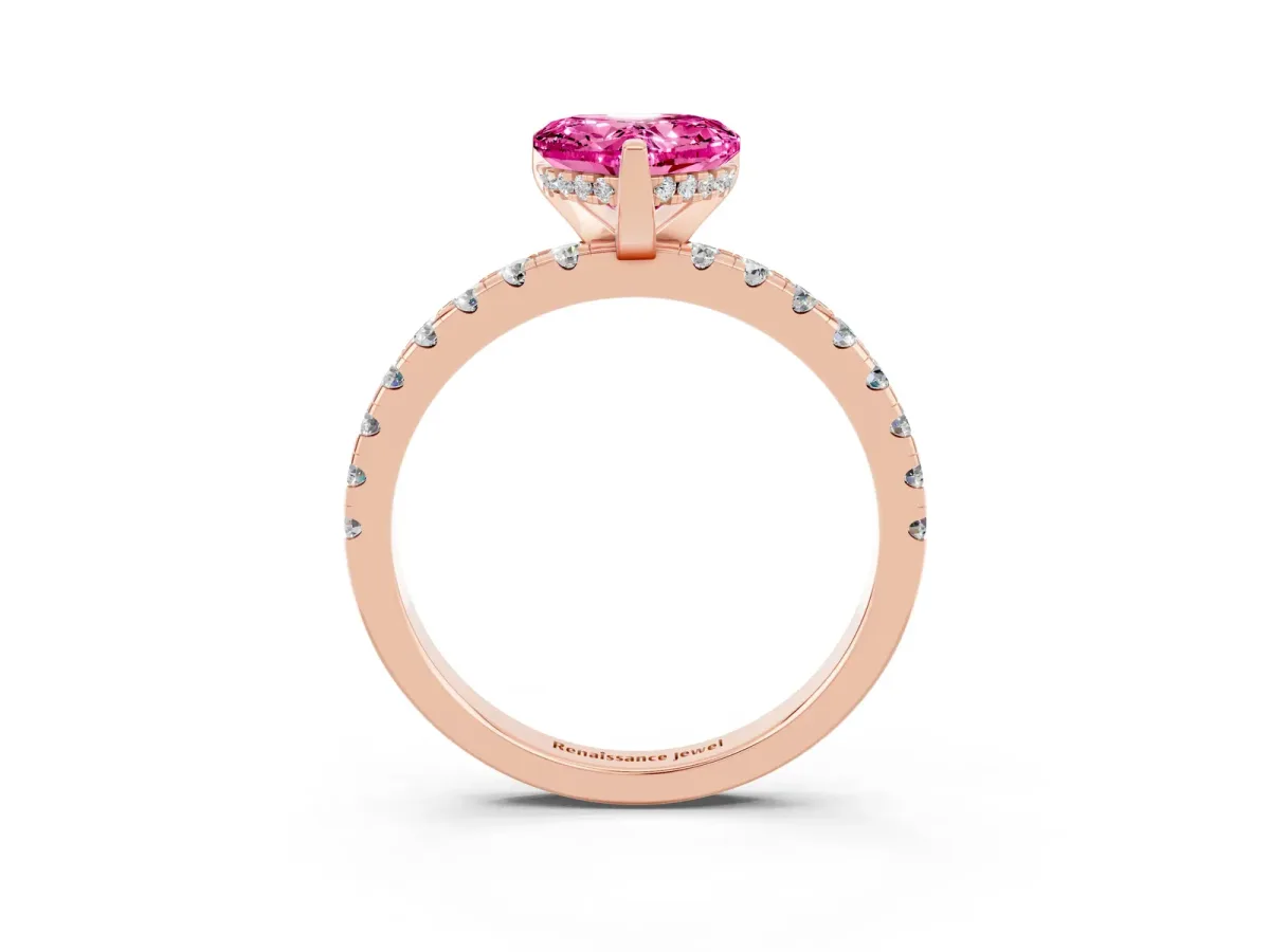 Heart Cut Pink Sapphire Solitaire Ring with Round Pavé Band and Four-Prong Setting Rose gold