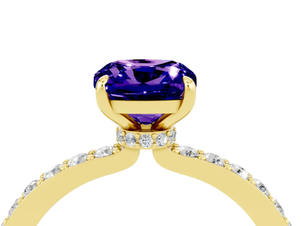 Cushion Cut Tanzanite Solitaire Engagement Ring with Pavé Band and Four-Prong Setting Yellow gold